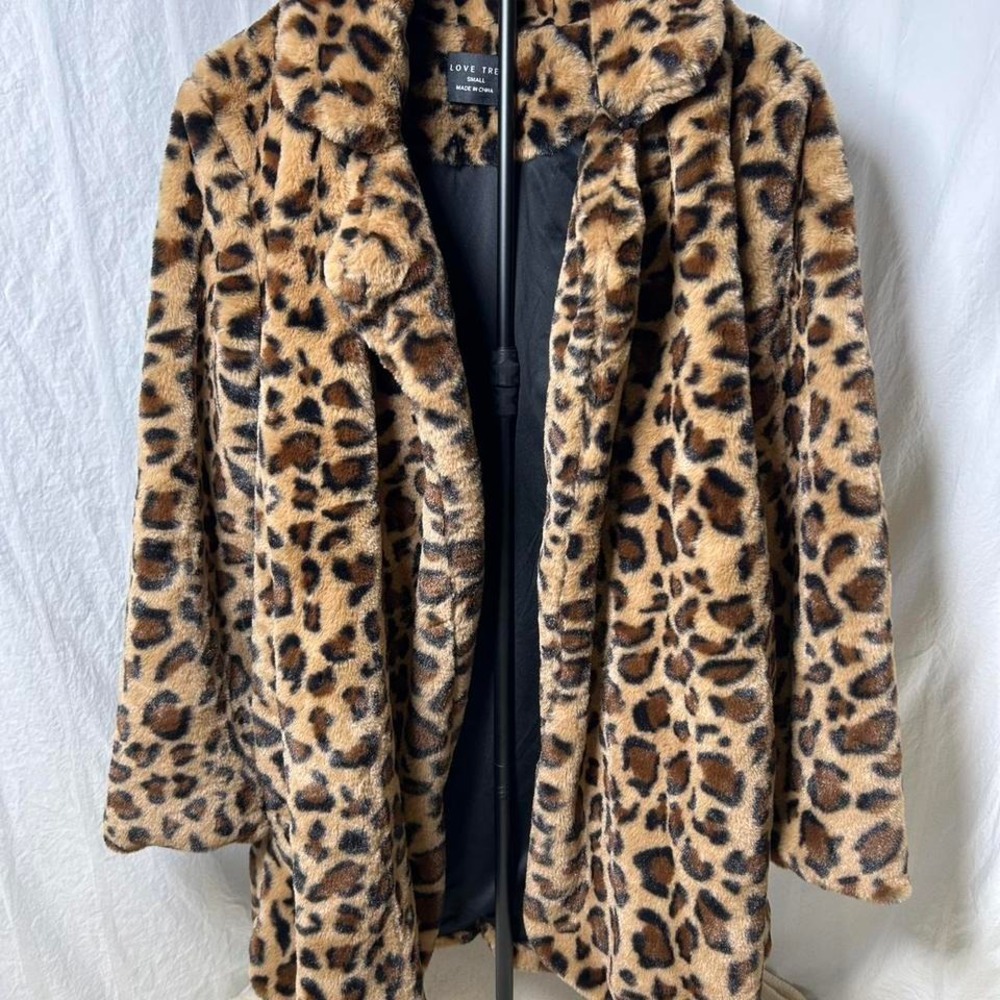 LOVE TREE WOMENS FAUX FUR LEOPARD ANIMAL PRINT JACKET COAT OPEN FRONT~S
